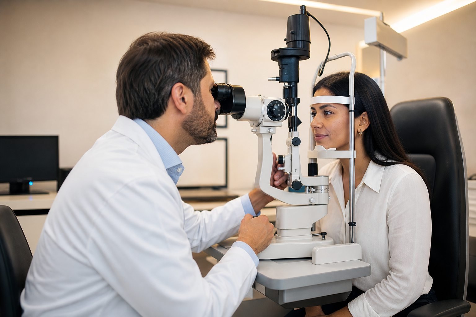 Consulta de exame de vista com médico oftalmologista em clínica
